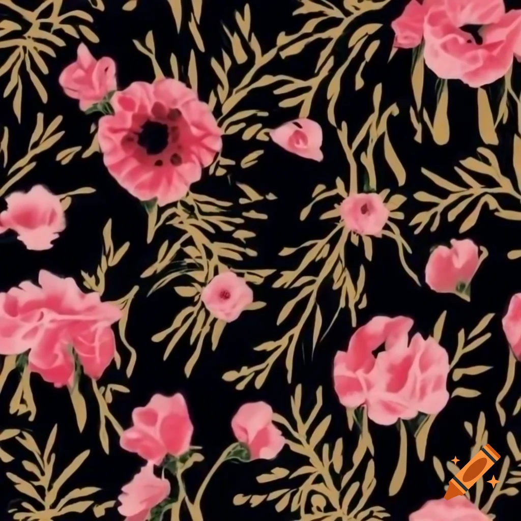 Black ink with tiny pink florals and gold accents on a textured black surface
