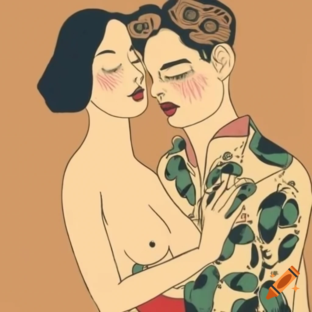 Vintage oil painting of frog and woman kissing in Egon Schiele style