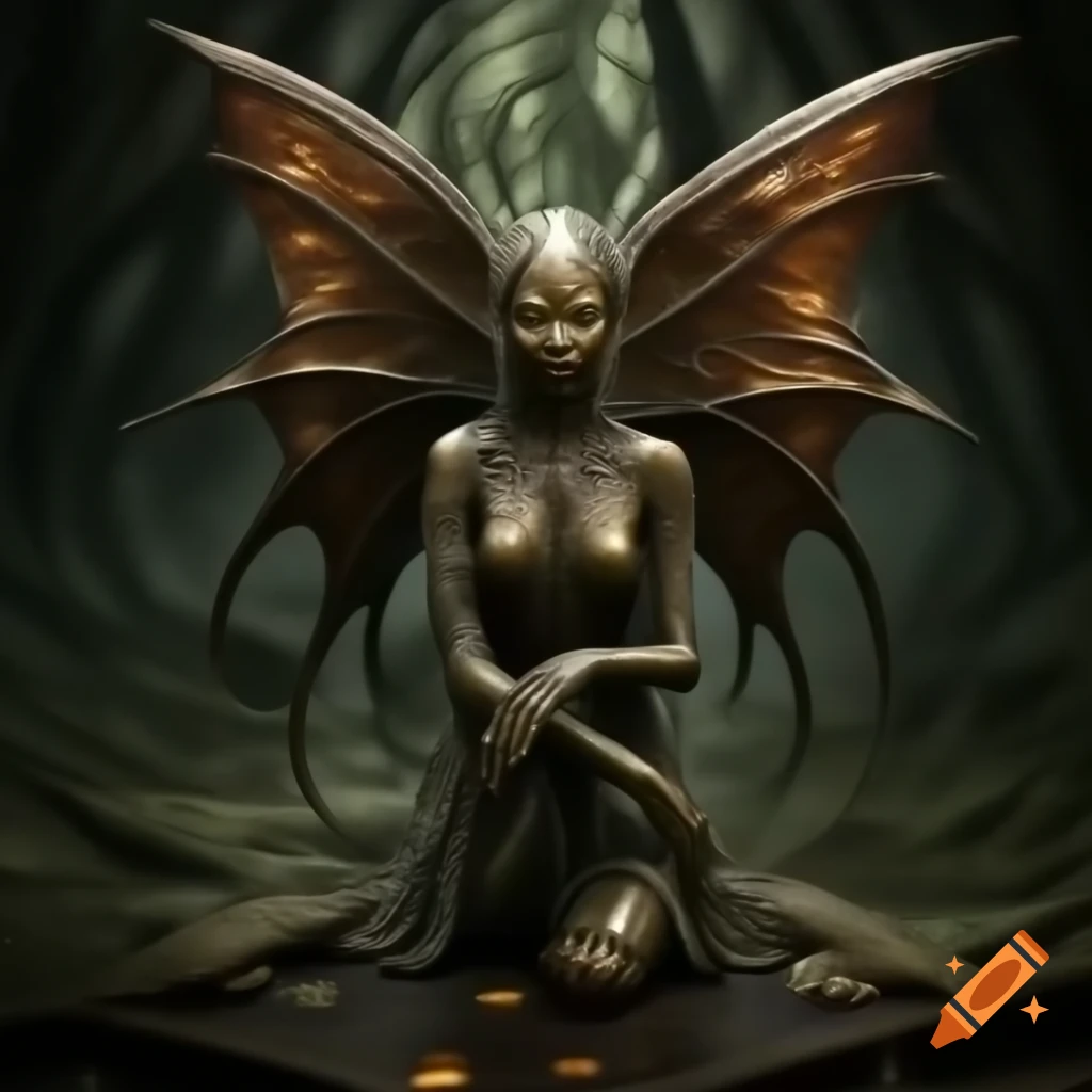 Gothic fairy sculpture in dark enchanted forest, featuring fairy with bat-like wings