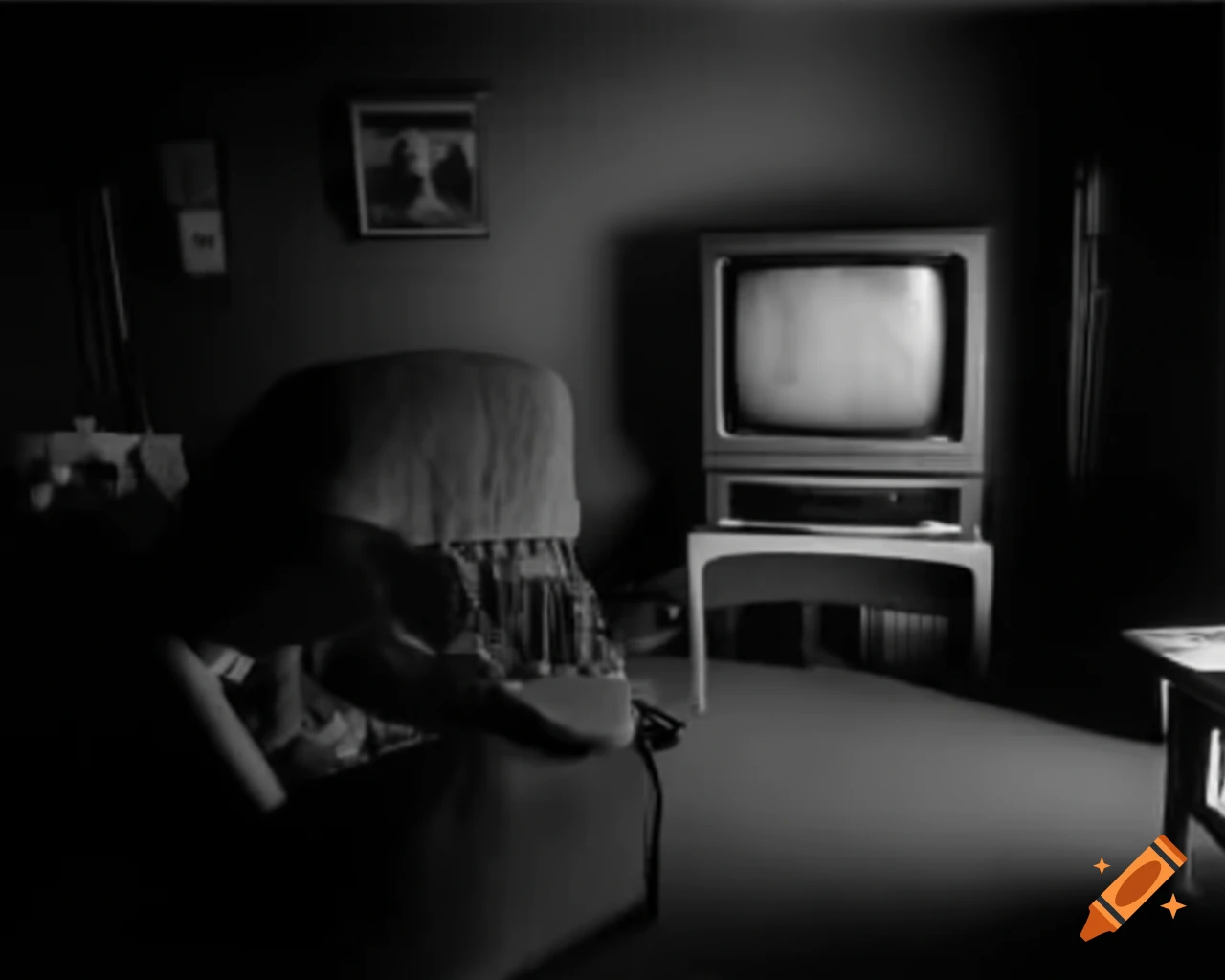 Eerie dark television in 1980s living room setting