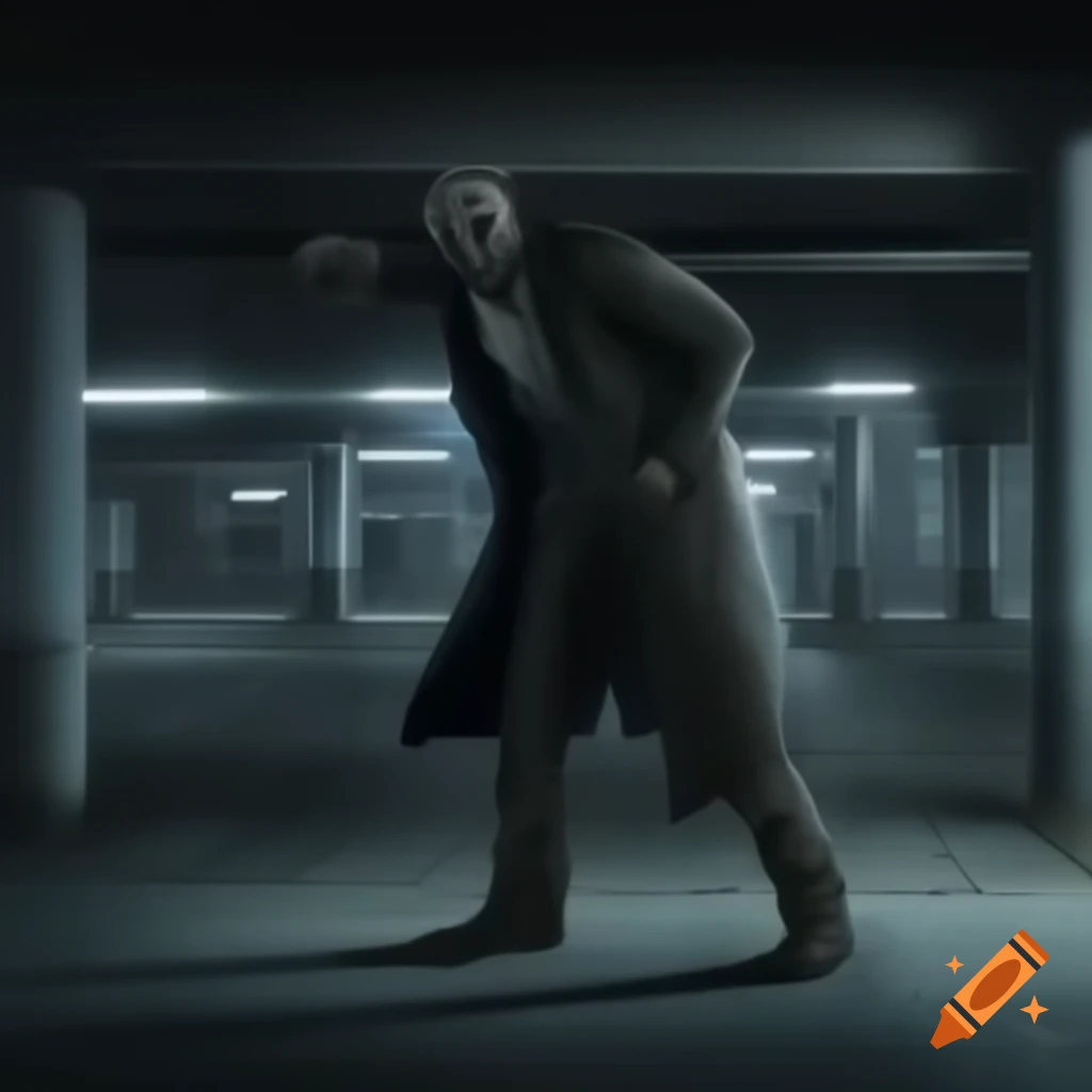 Violent criminal chasing in underground parking garage, full length view