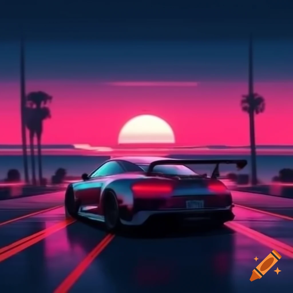 synthwave-sunset-with-red-sports-car-along-the-seaside-on-craiyon