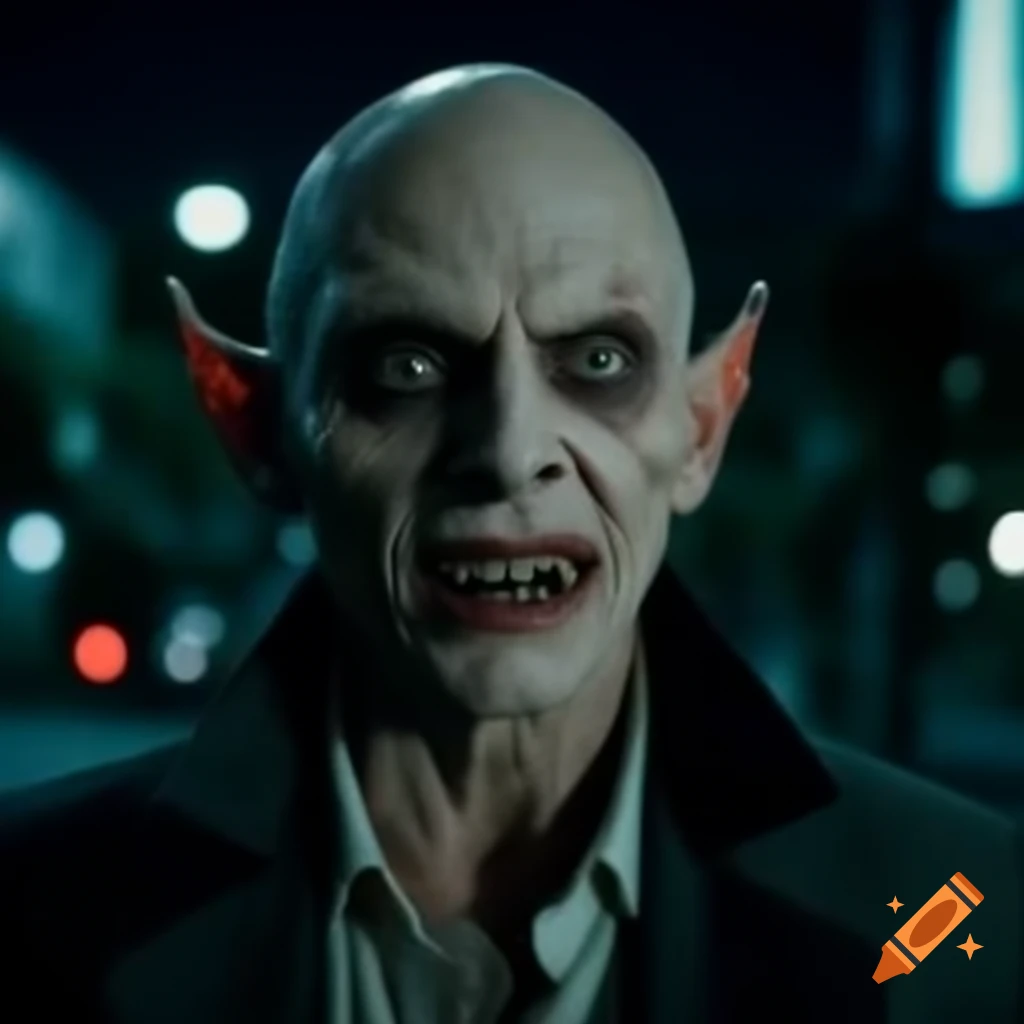 Bald vampire in dirty business suit at night in San Francisco