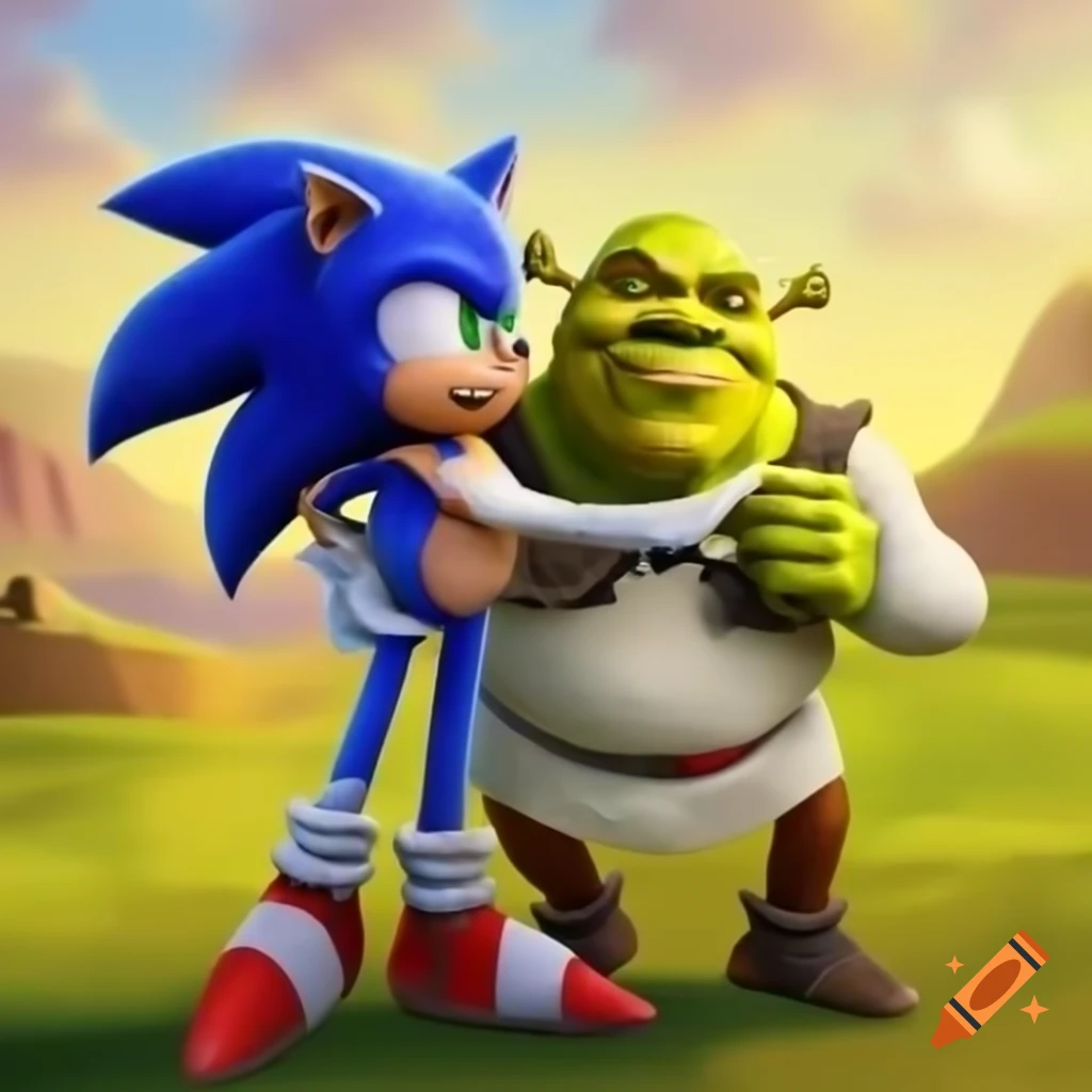 Sonic and Shrek celebrating together