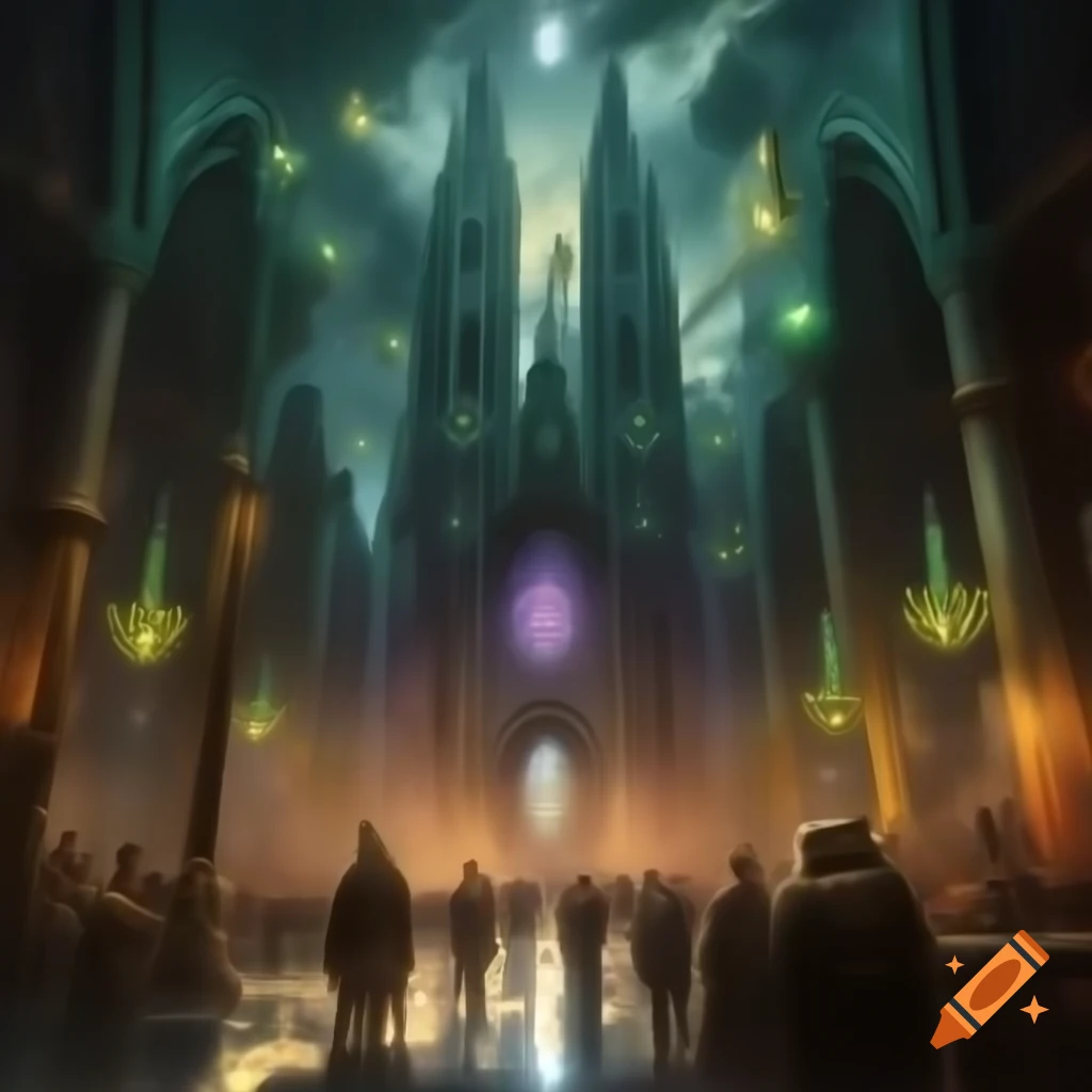 Gothic cathedral in steampunk city with spires, gears, and stained glass