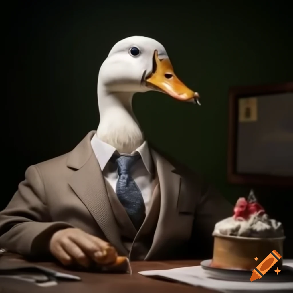 Lifelike duck character in a suit with a cake on a computer