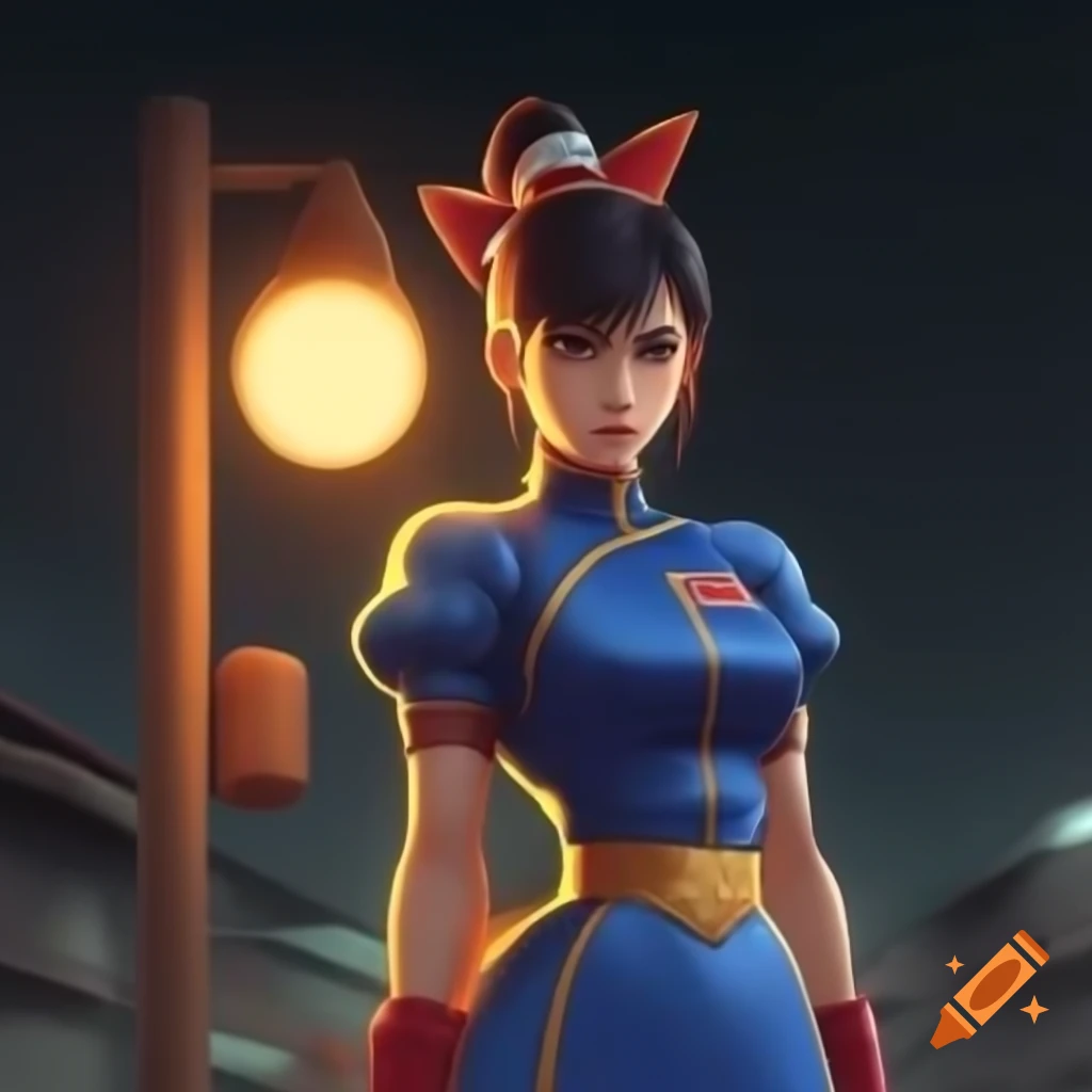 Anime depiction of Chun-Li from Street Fighter in front of floodlight
