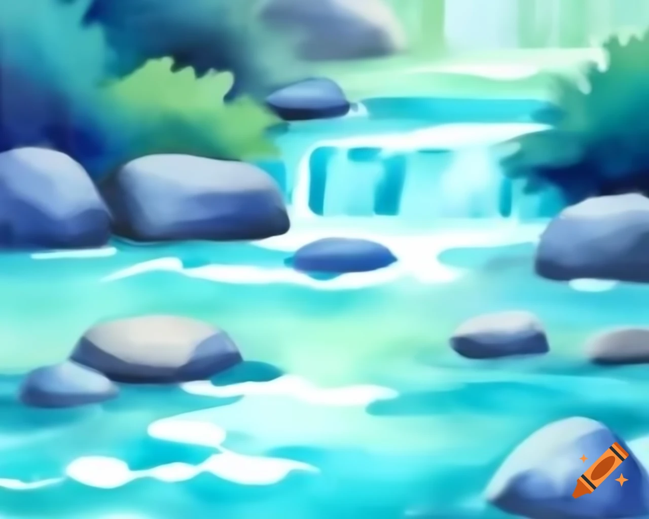 Bubbling brook over pebbles in aqua blue and green watercolor cartoon style