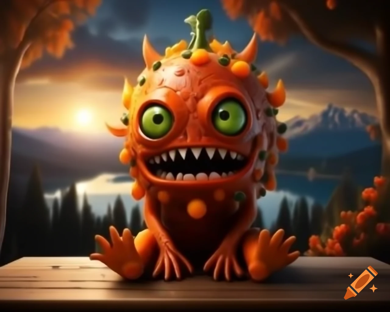 3D orange tree monster with human face on wooden table in forest