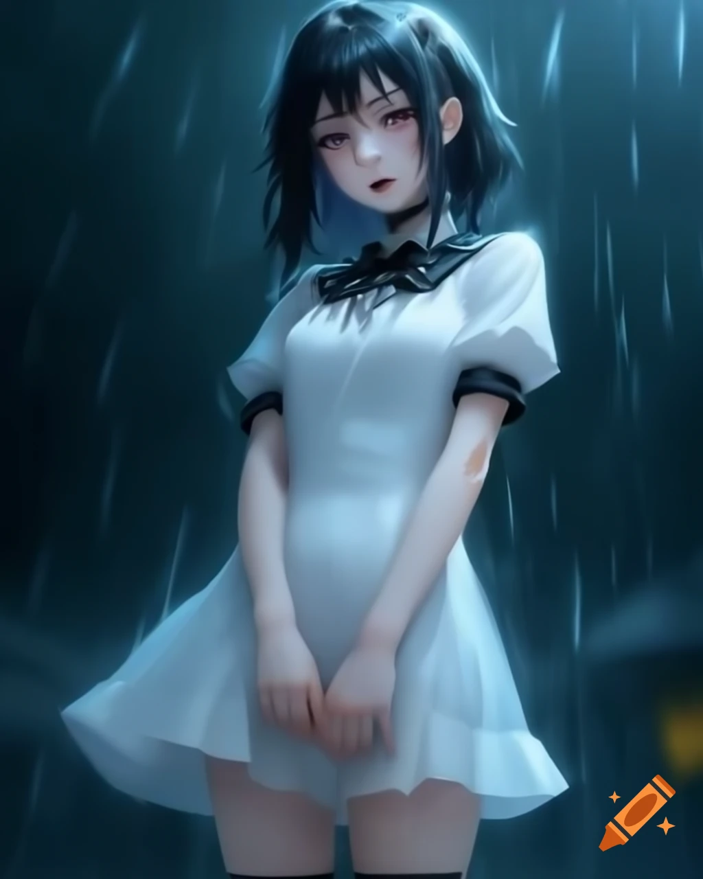 Goth anime woman in white dress standing in the rain