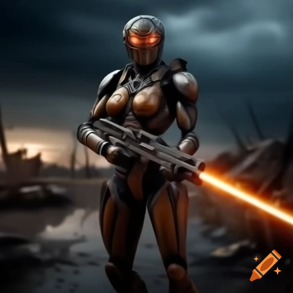 Cyborg warrior in armor with laser rifle in post-apocalyptic wasteland