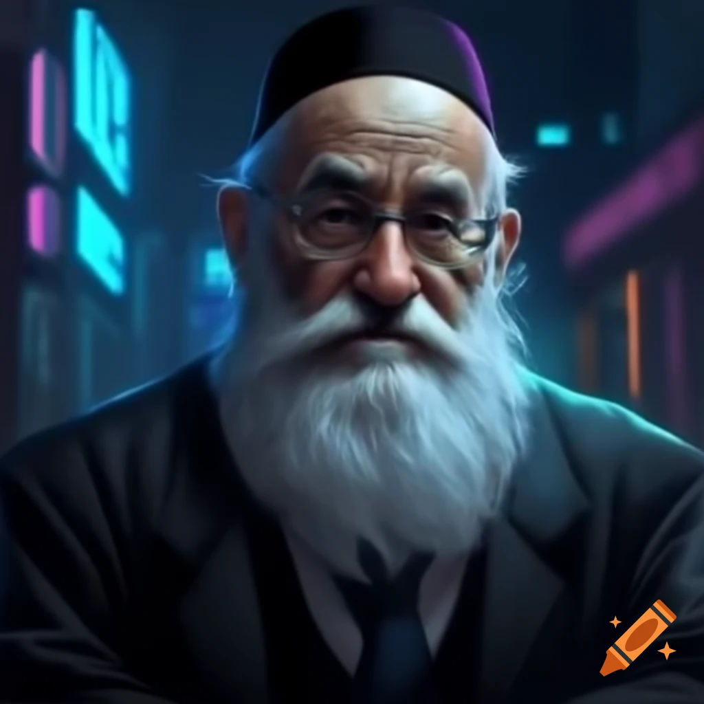 Cyberpunk rabbi in futuristic setting
