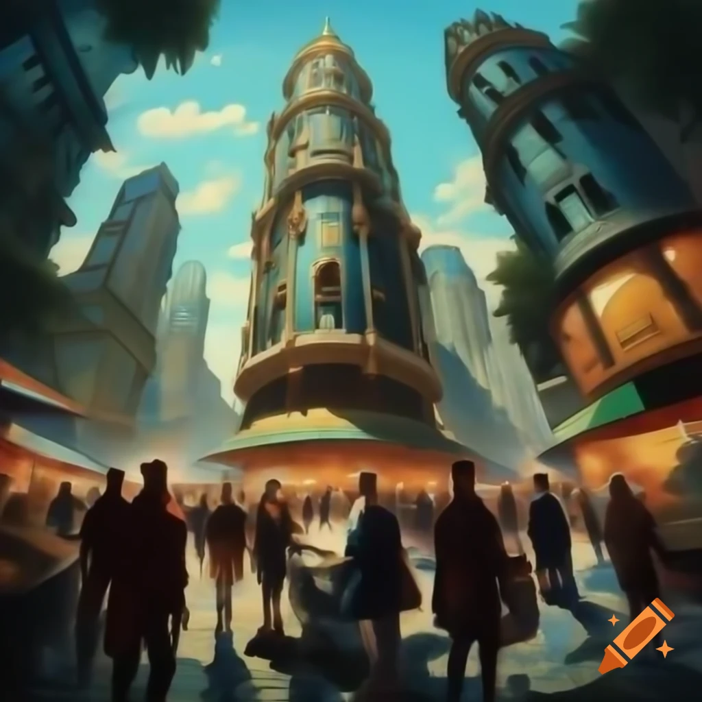 Vibrant oil painting of urban life in Baroque style at grand city intersection