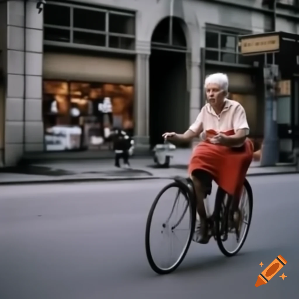 Angry old woman on bicycle in street without morning coffee