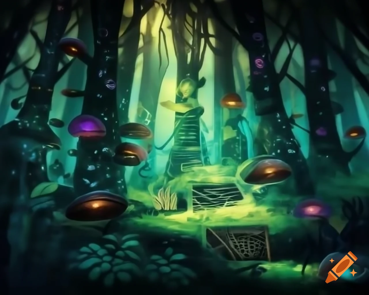 Surreal biopunk forest with glowing bioluminescent trees merging nature and technology