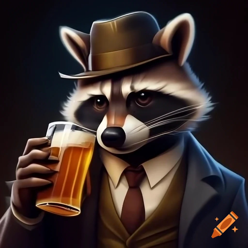 Humanoid raccoon dressed as 80s gangster drinking beer