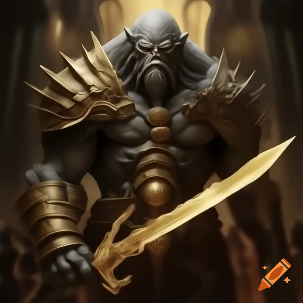 Stone golem wielding gold sword in Magic the Gathering art style
