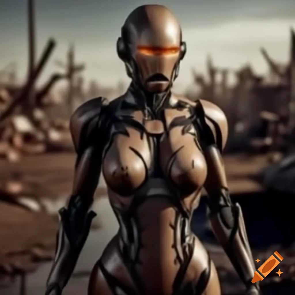 Cyborg warrior in armor standing in post-apocalyptic wasteland
