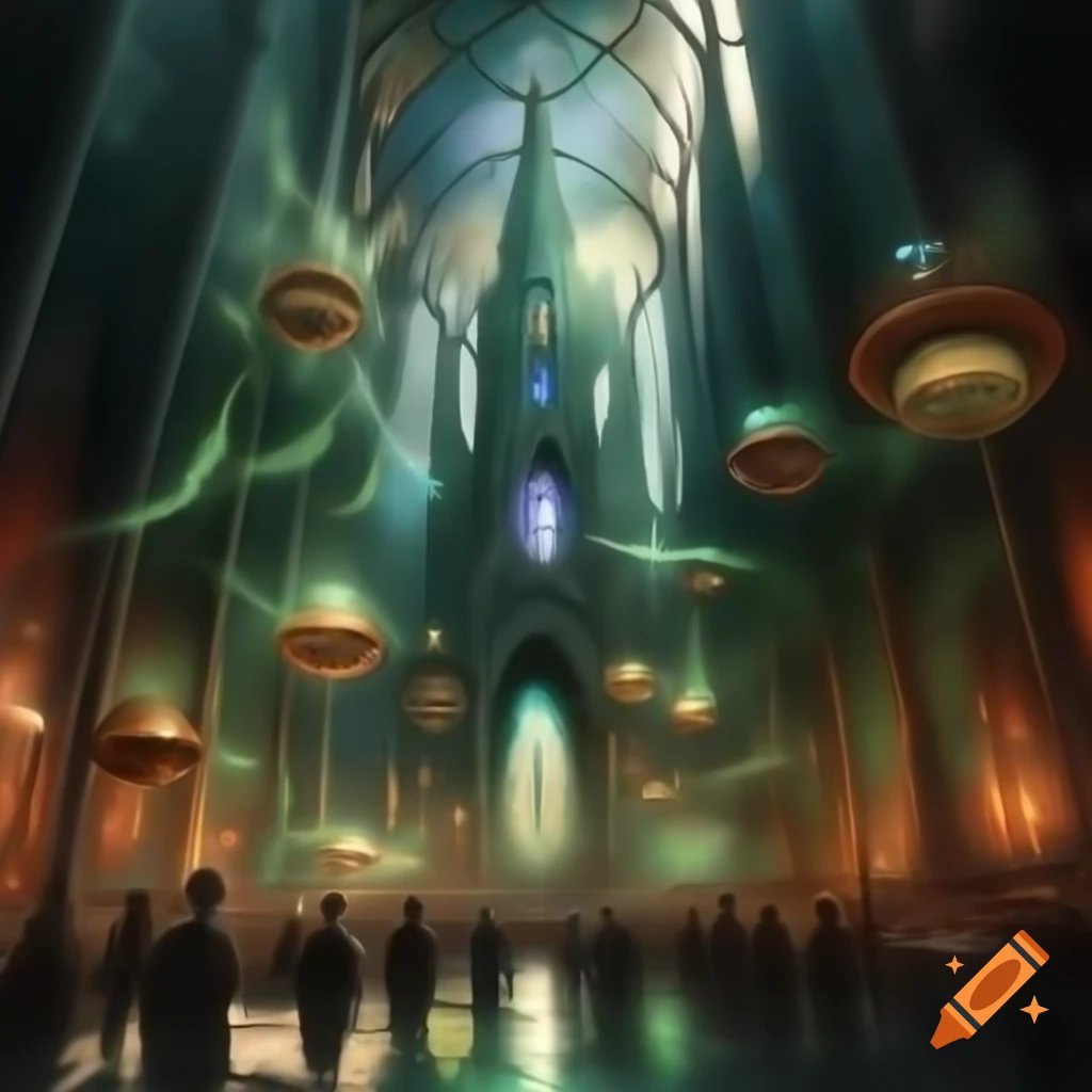 Gothic cathedral in steampunk city with spires, gears, and stained glass