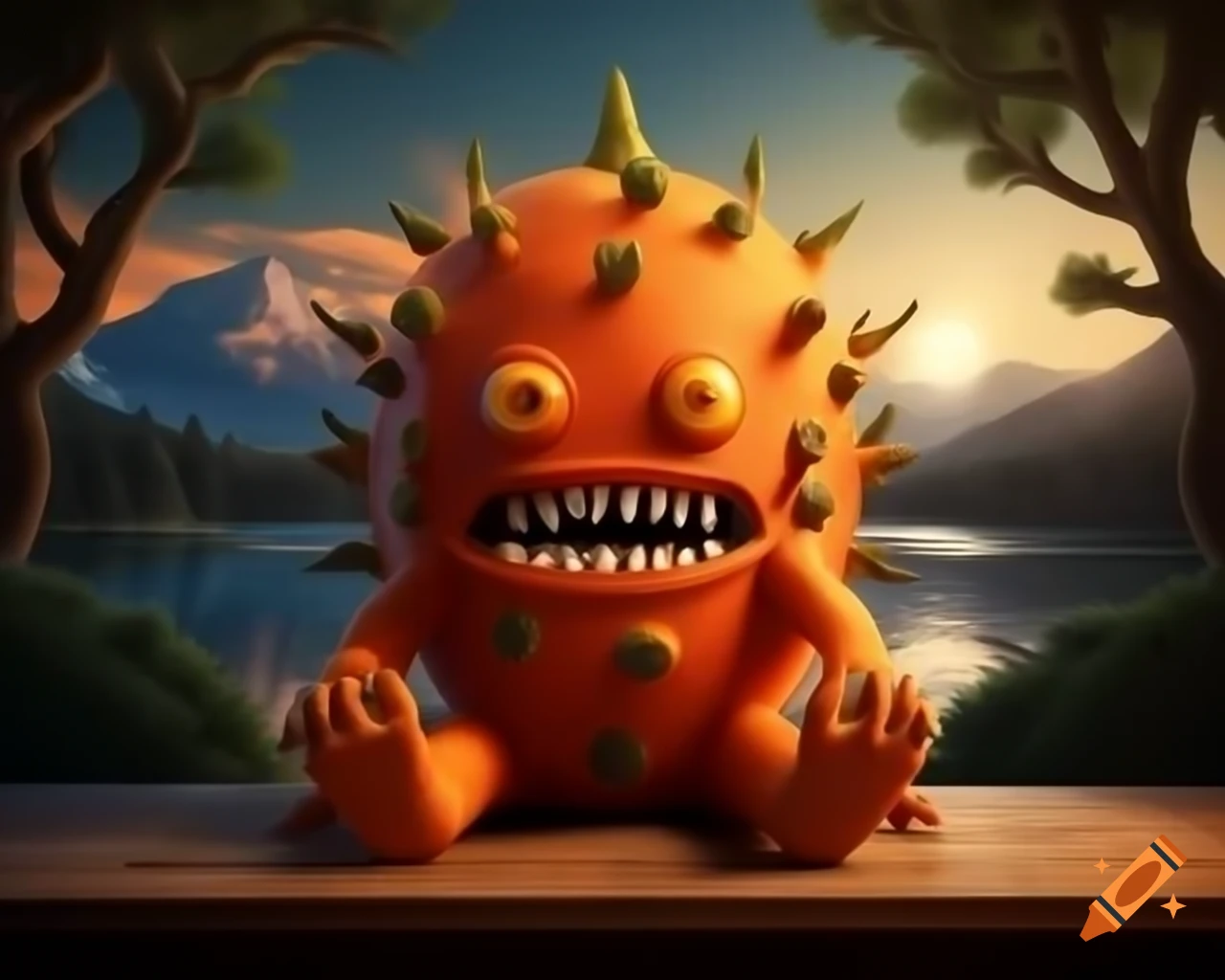 3D orange tree monster with human face on wooden table in forest