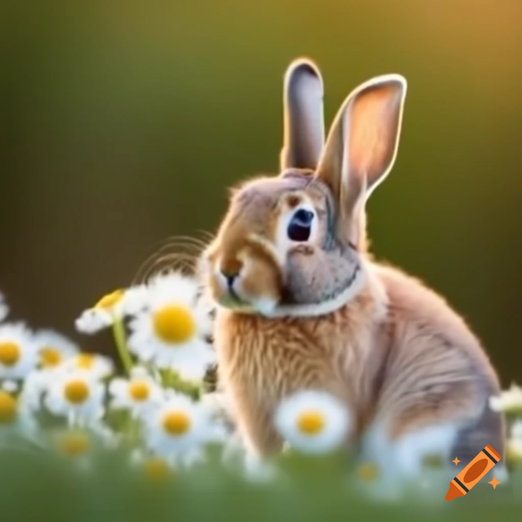 Rabbit surrounded by chamomile flowers