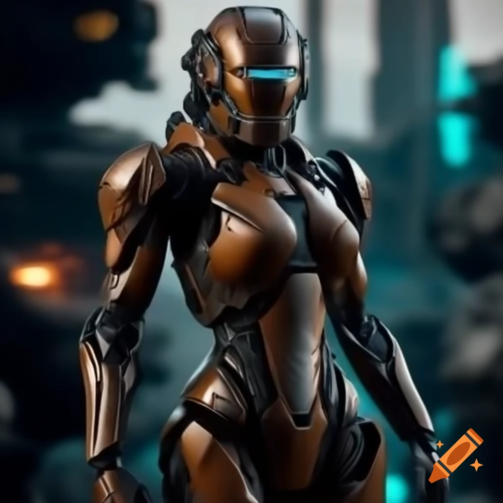 Cyborg warrior in armor with laser rifle on futuristic battlefield