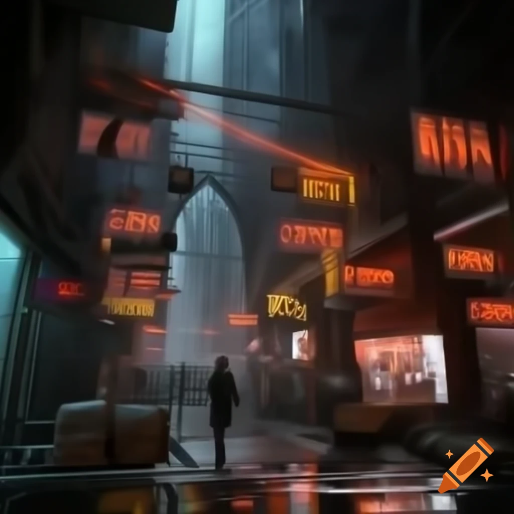 Mixed media piece blending gothic architecture with cyberpunk elements in urban alley