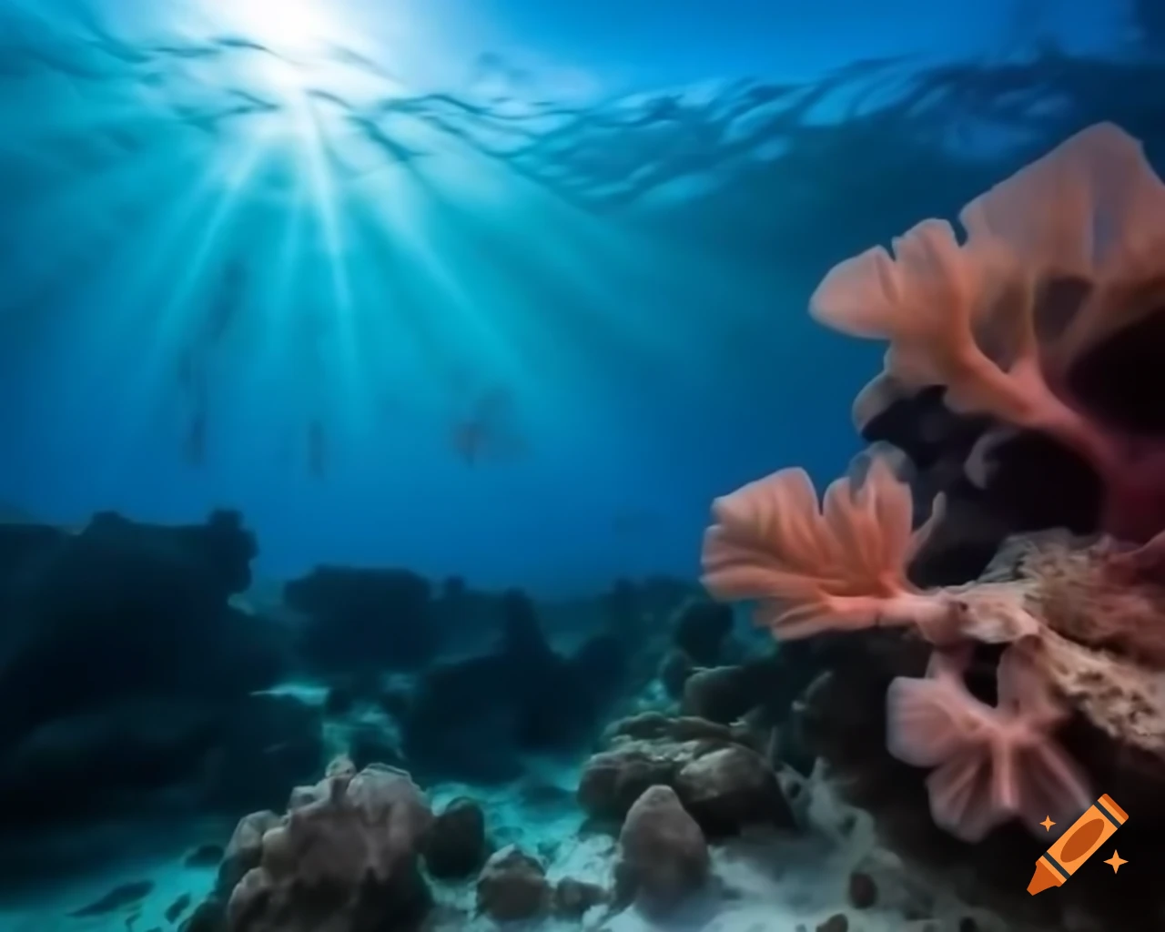 Mystical saltwater mountain lake in ocean with colorful fish and coral