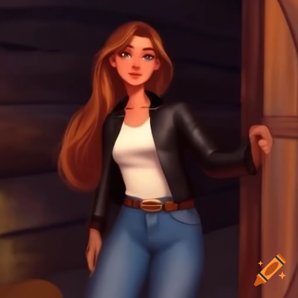 Hyperrealistic portrait of a woman in casual outfit looking through barn door