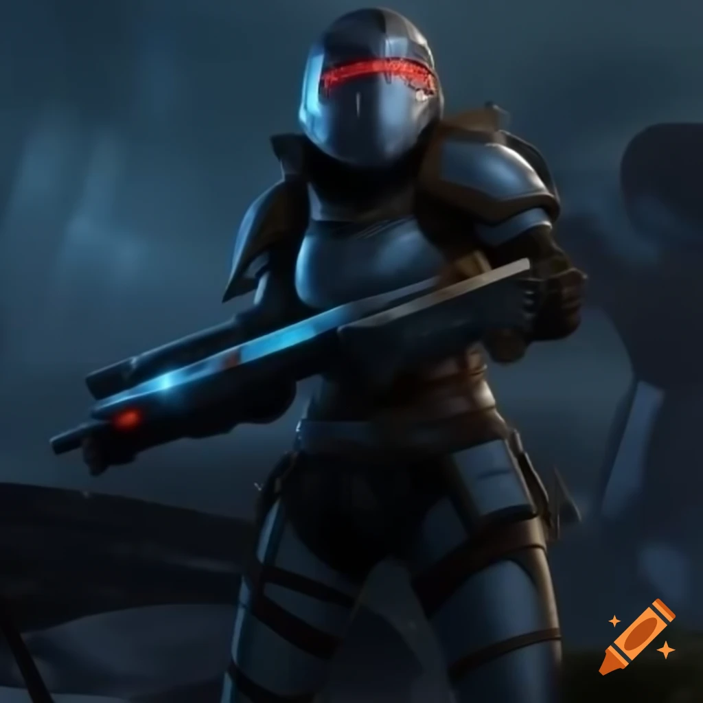 Slender warrior in armor with laser rifle on futuristic battlefield