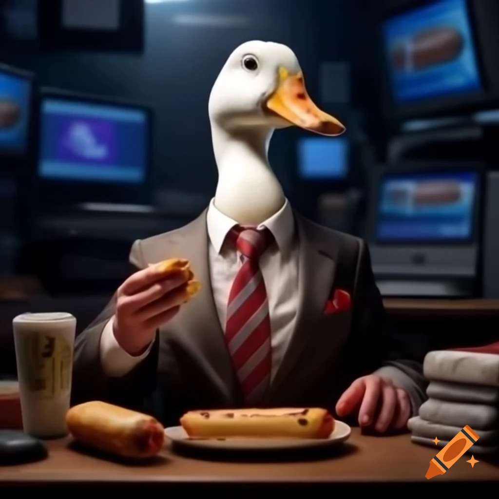 Duck in a suit eating hotdogs surrounded by computers