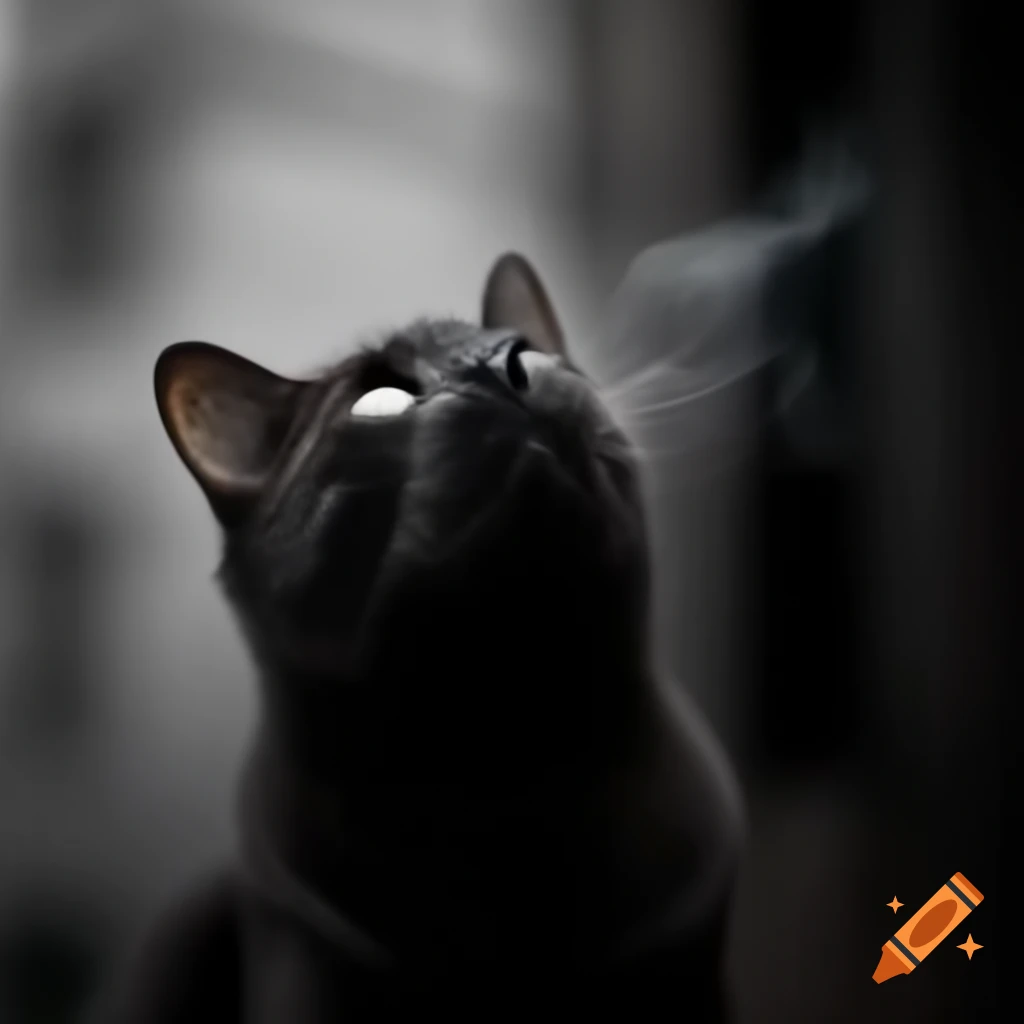 Realistic photograph of a black cat smoking a pipe