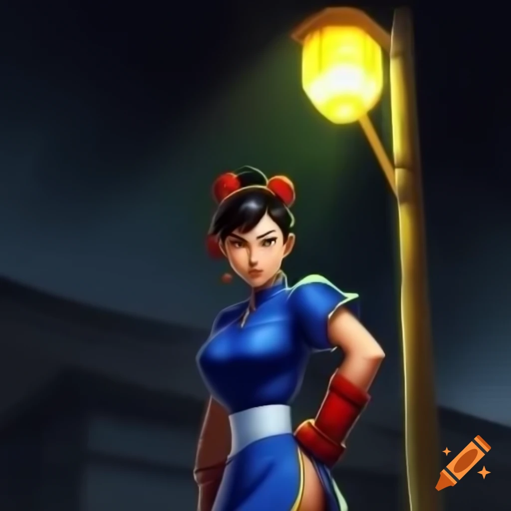 Anime depiction of Chun-li from Street Fighter with akimbo pose in front of floodlight