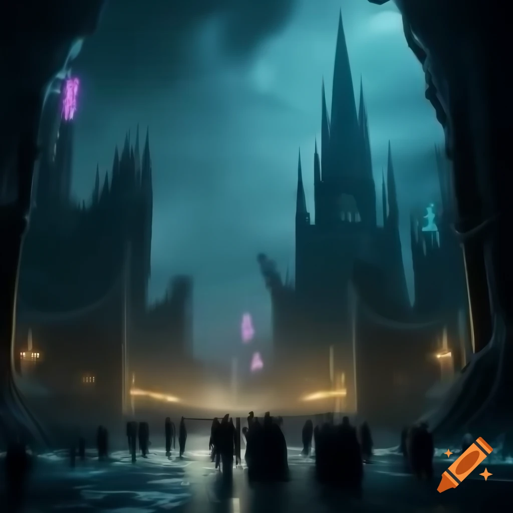 Futuristic cityscape with gothic architectural elements and towering skyscrapers