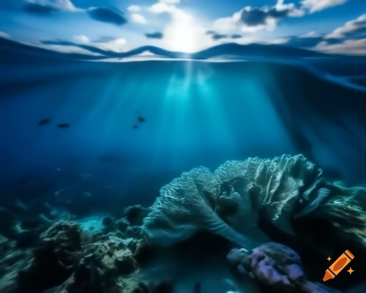 Mystical saltwater mountain lake in ocean with colorful fish and coral