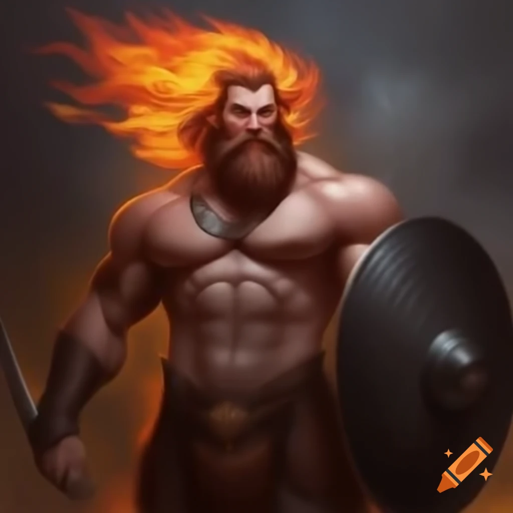 Male centaur with flaming hair and beard holding a shield