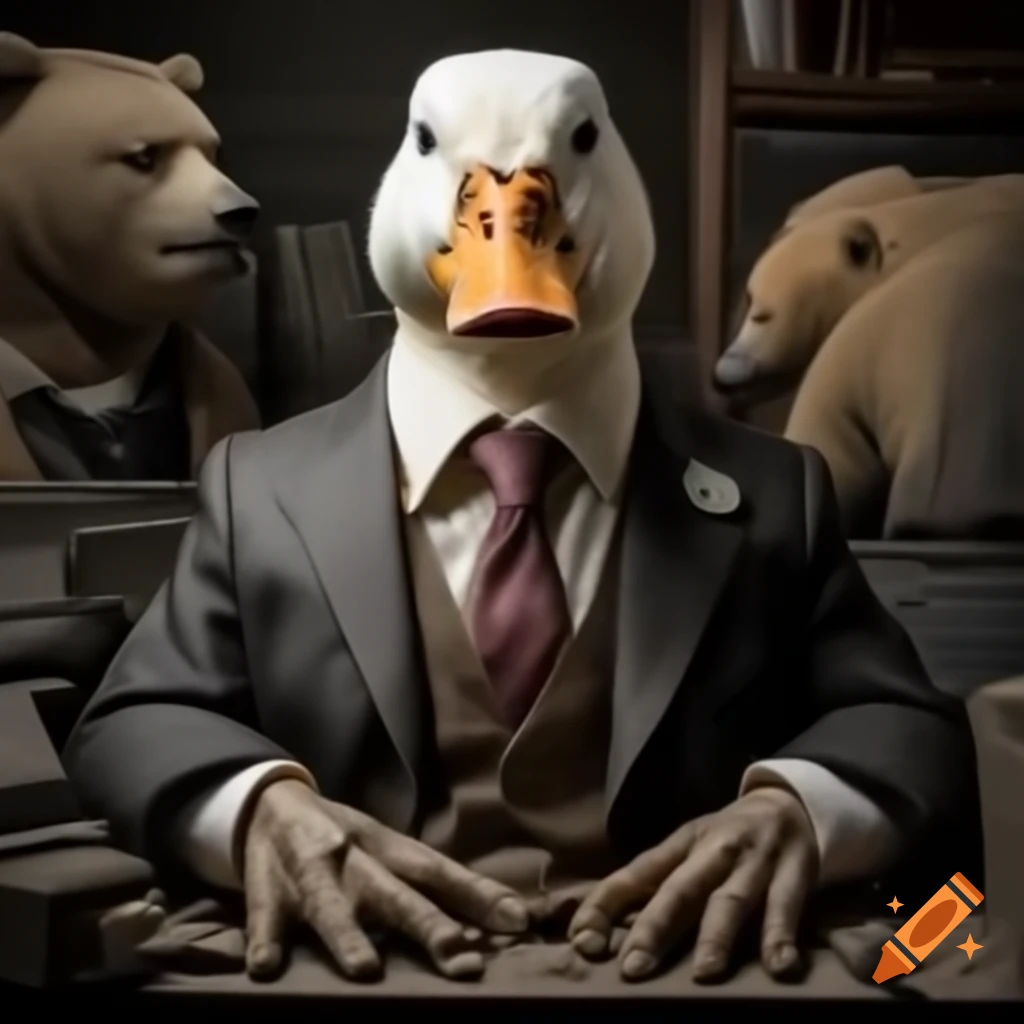 Realistic duck in a suit surrounded by computers and a bear in mud