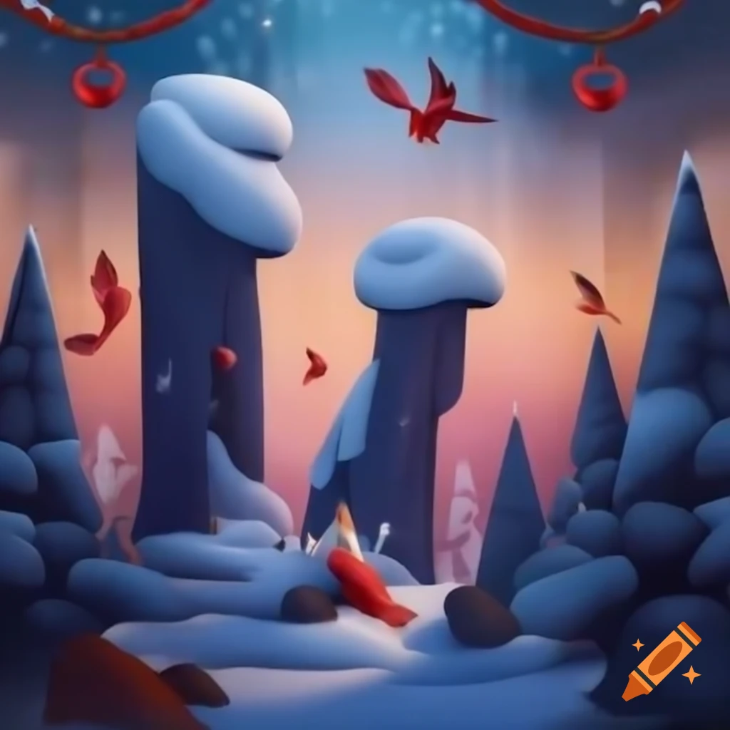 Panorama of Christmas forest scene merging Native Salish and Russian fairytale motifs with evergreens