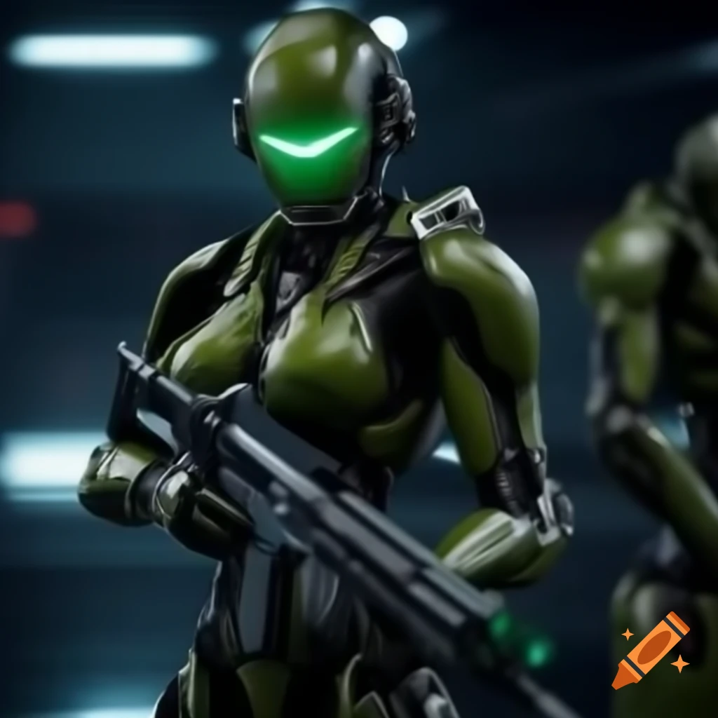 Cyborg warrior in green armor holding laser rifle in futuristic battlefield