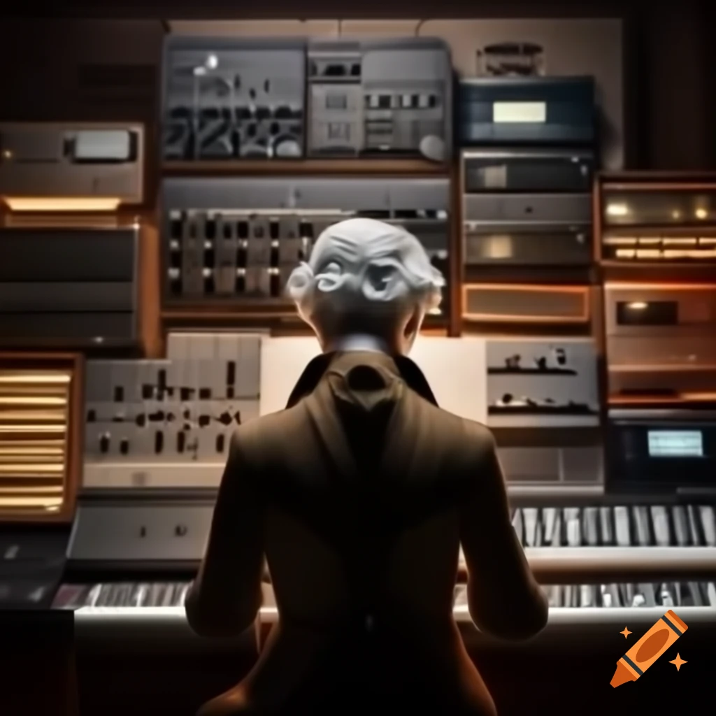 Wolfgang Amadeus Mozart in 18th-century attire standing before modern synthesizers