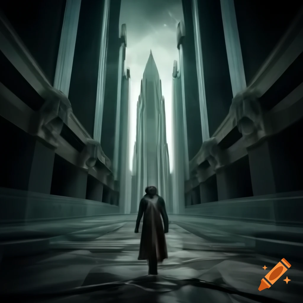 Dystopian future interpretation with Art Deco elegance and deep blue color scheme