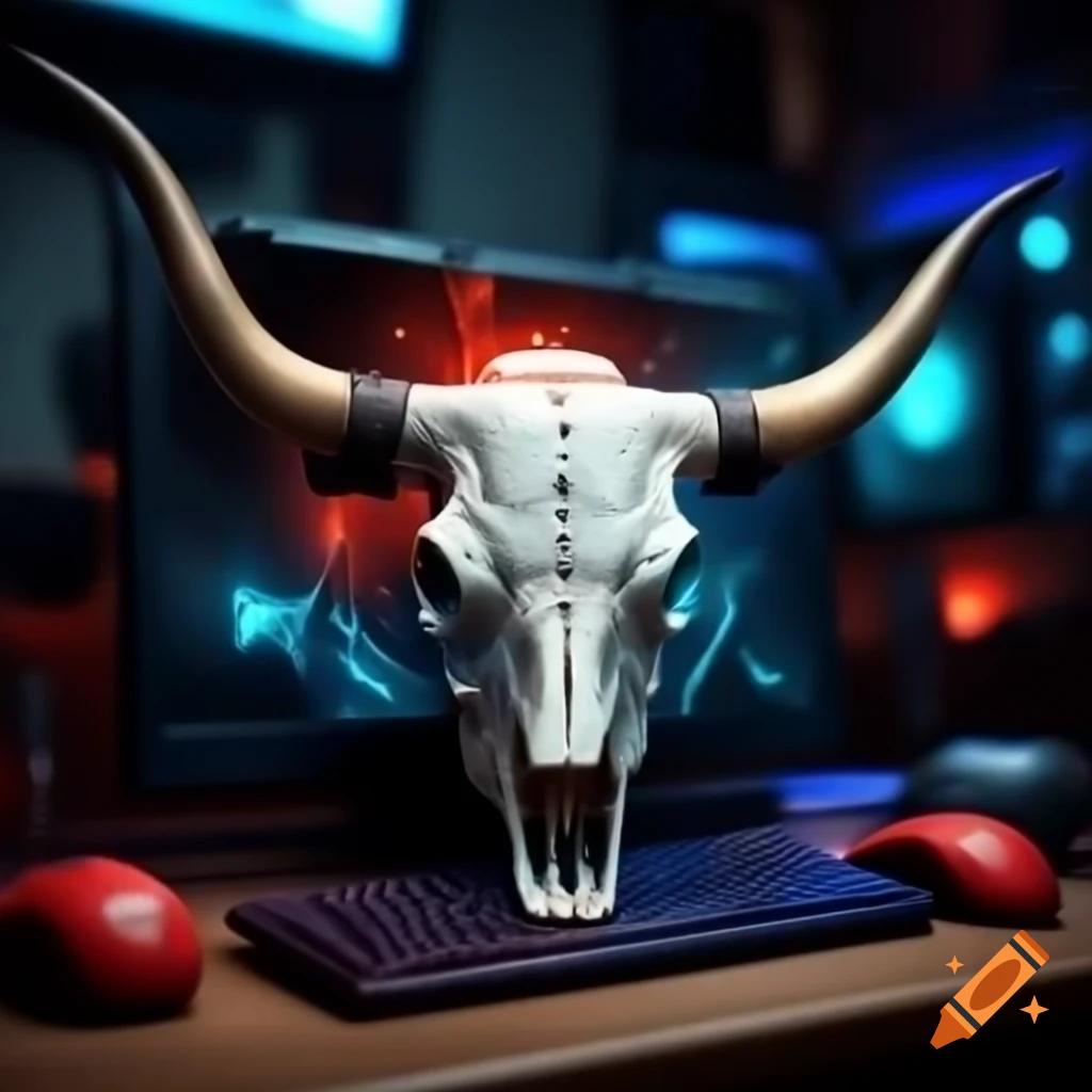 Longhorn skull with computer setup