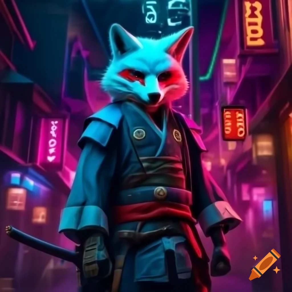 Pirate samurai kitsune in vibrant neon colors
