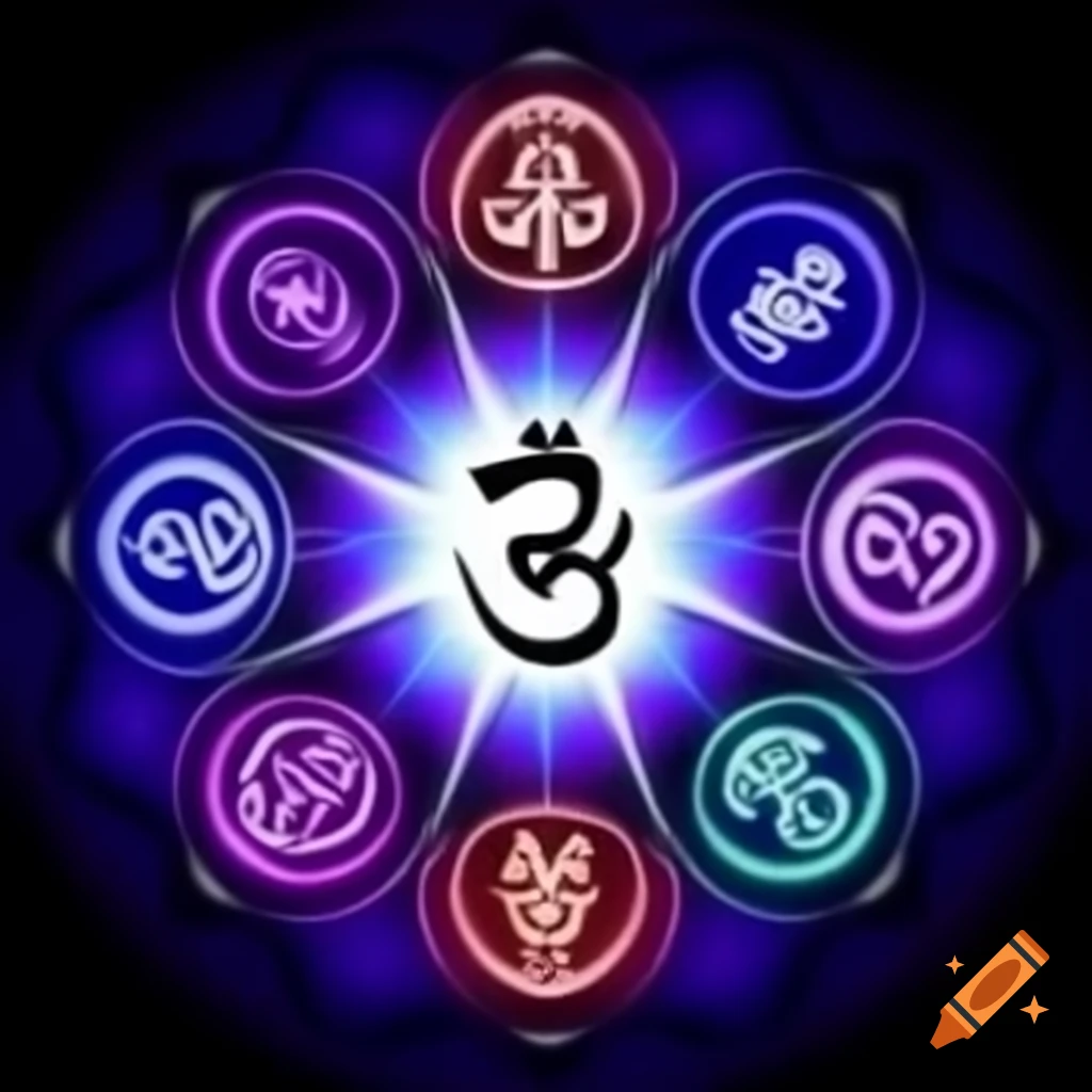 Seven chakra symbols in a spiritual atmosphere