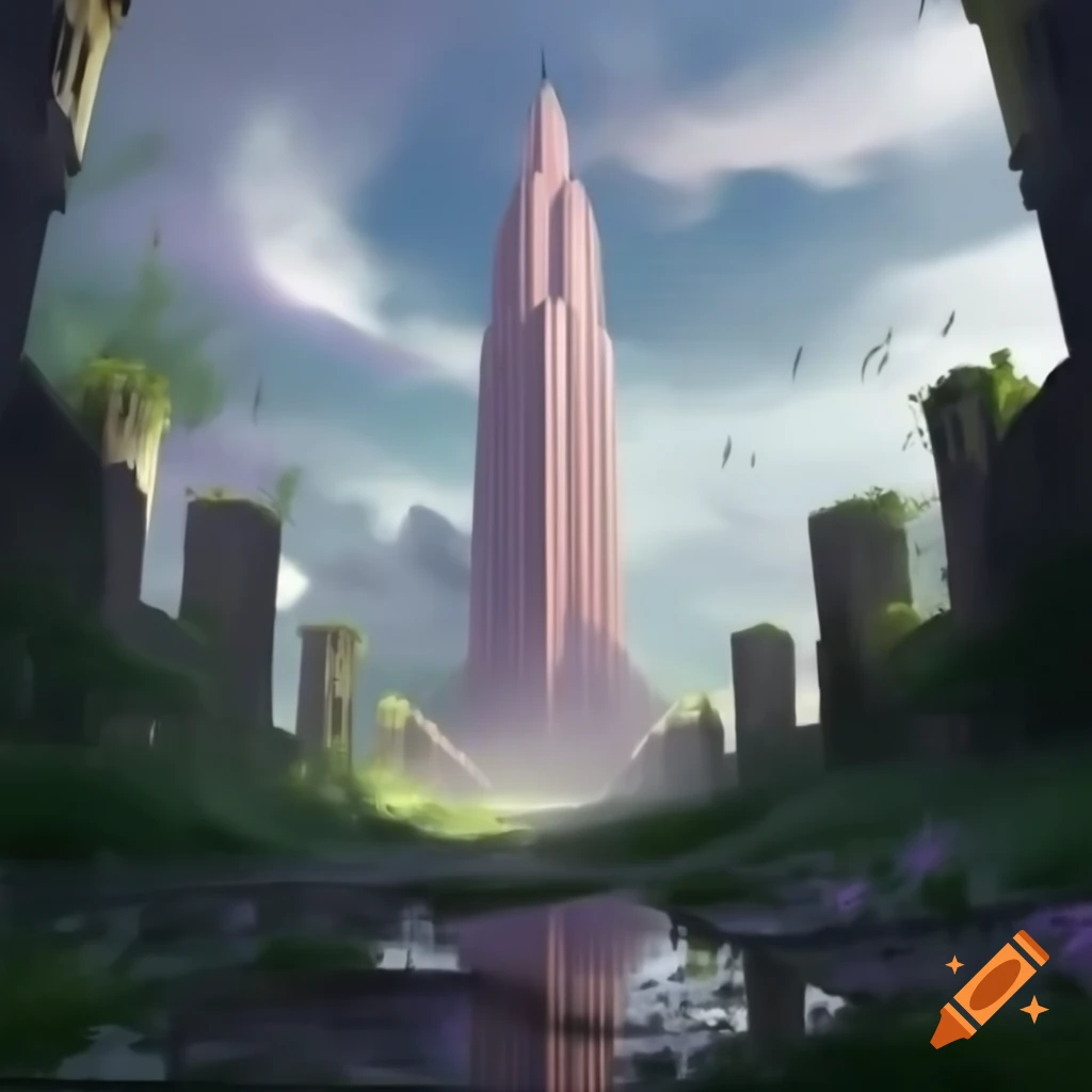 Post-apocalyptic cityscape with nature reclaiming urban landscape and ruined art deco skyscraper