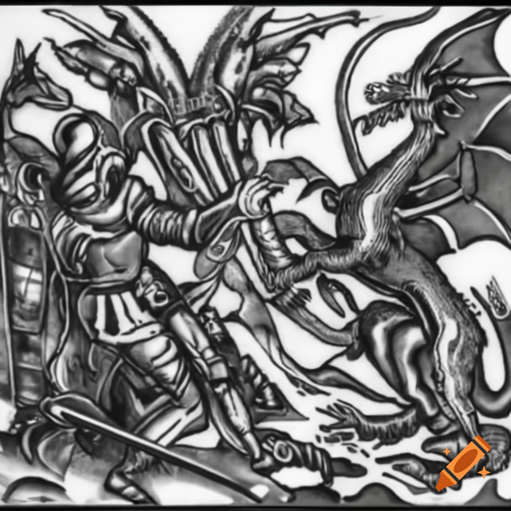 Nordic knight fighting dragon Xyloghrapy in black and white, Dürer style