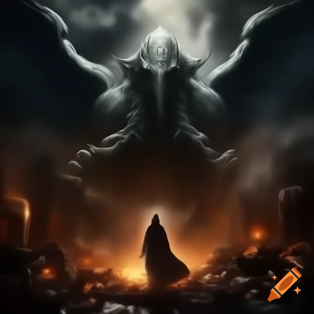Aftermath of Dream War with smoke, ruins, and mythological creatures