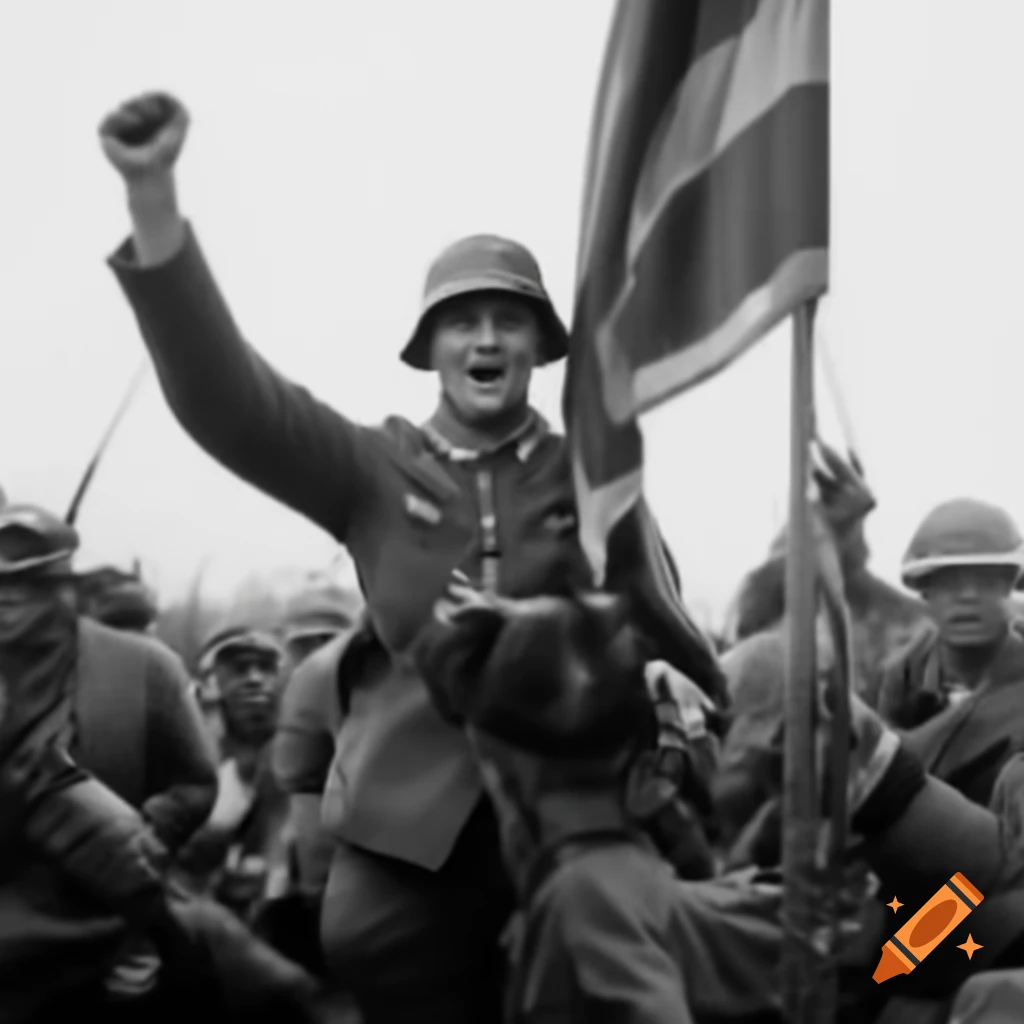 German WW1 soldier raising flag in victory