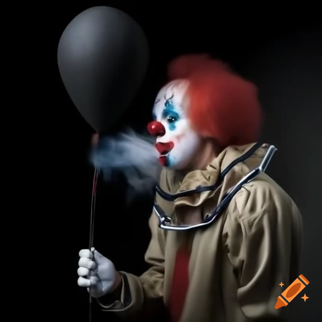 Sad clown with black balloon, evoking a sense of melancholy