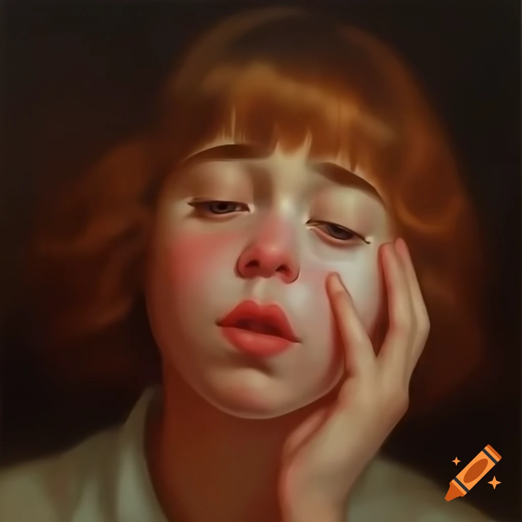 Vintage oil painting of woman with a funny grimace